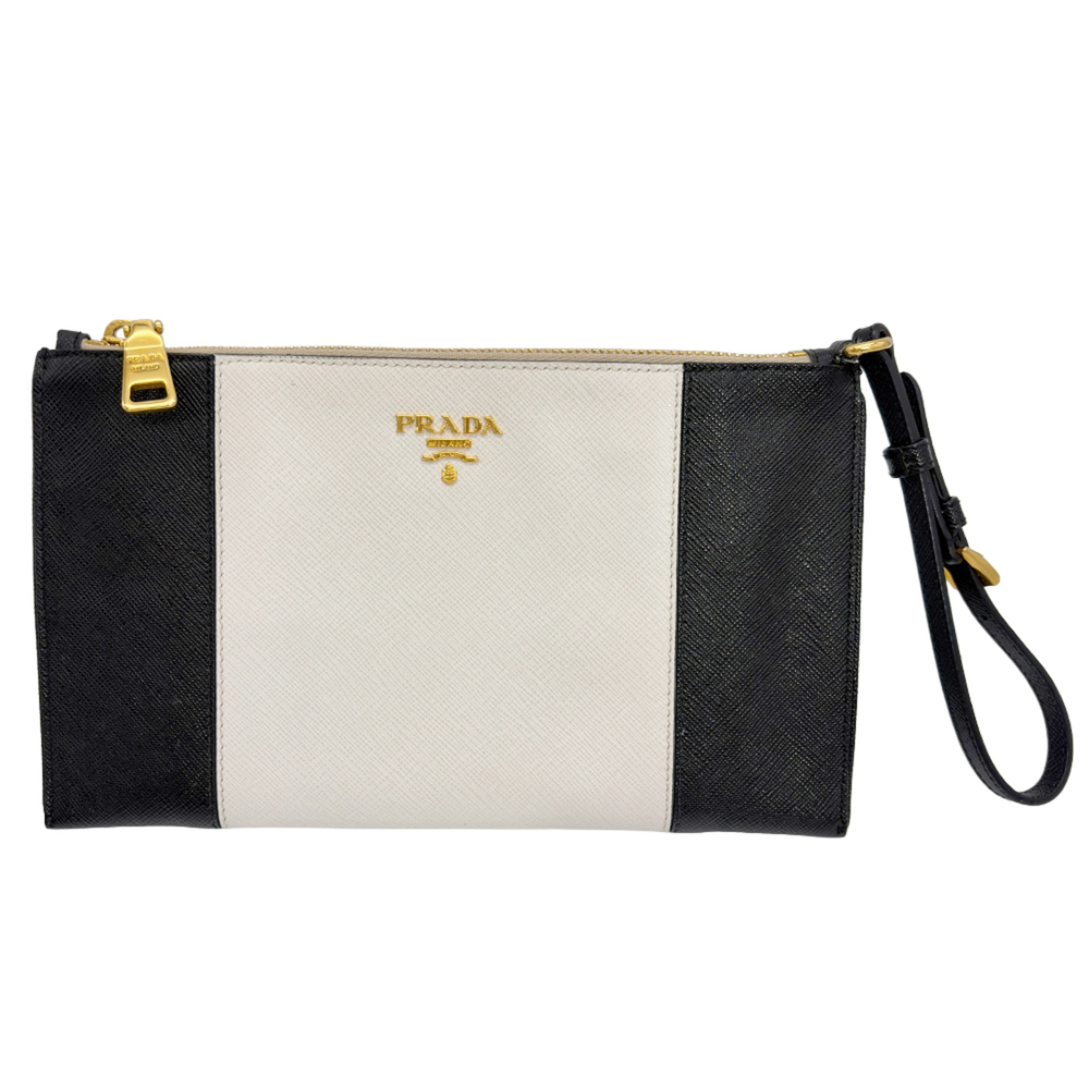 Prada PRADA Flat Handbag Pouch Leather 1N1753 Black White Clutch Bag for Women